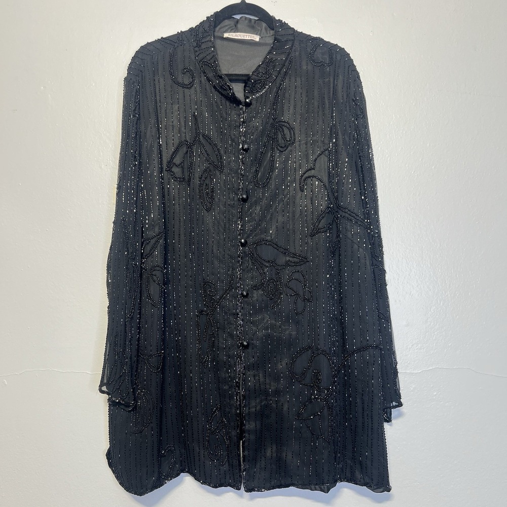 Vintage Silhouettes 28W Pure Silk Black Long Jacket Tulips Beads & Sequins Sheer